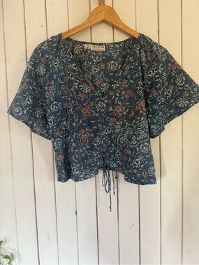 Tree of Life Teal Floral Tie-Front Blouse